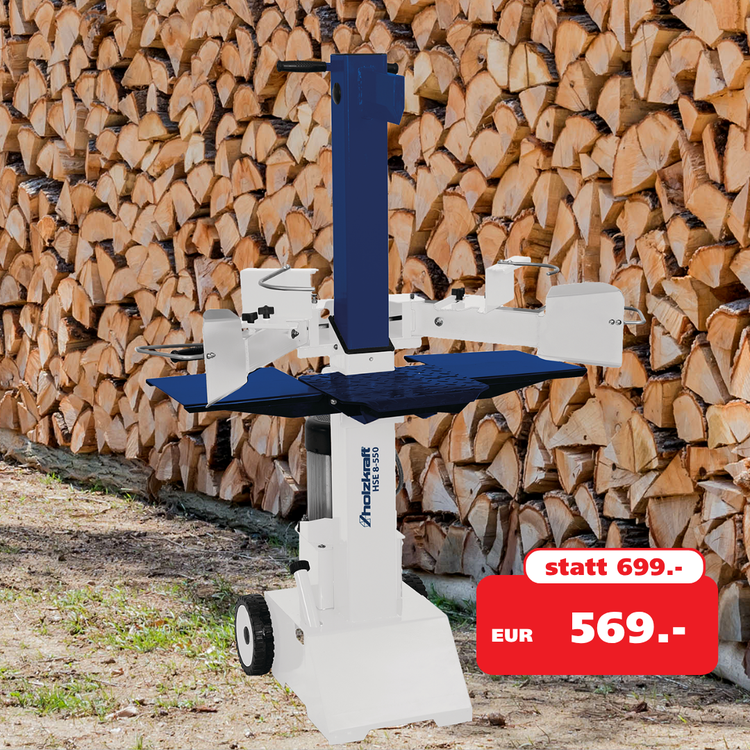 Abbildung eines Hydraulik Holzspalters vor einem Holzstapel