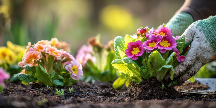 Bild bei dem eine Person frische Viola Cornuta Pflanzen in die Erde setzt