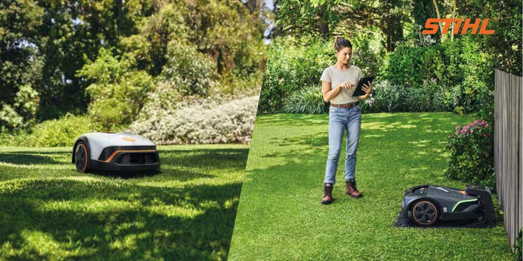 Abbildung eines Stihl iMow Mähroboters und eine Frau, die ihn über ein Tablet steuert