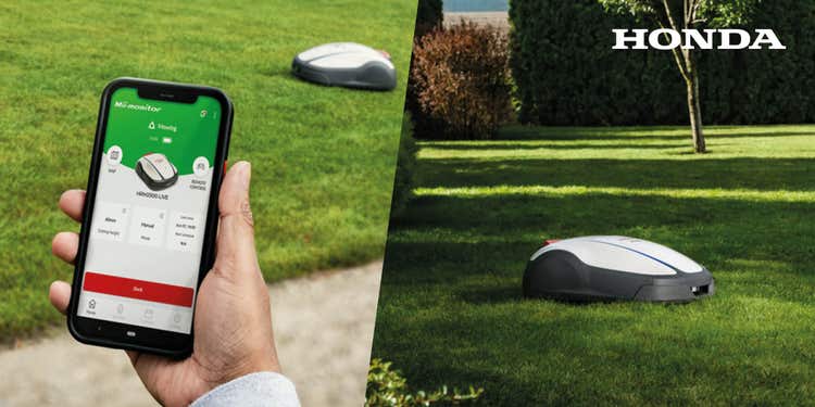 Bild eines Honda Mähroboters und einem mobilen Endgerät mit Appsteuerung des Mähers