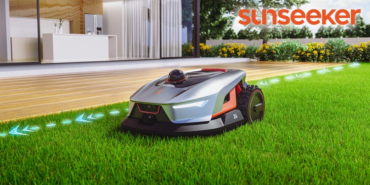 Bild eines sunseeker Mähroboters mit viruteller Begrenzungslinie